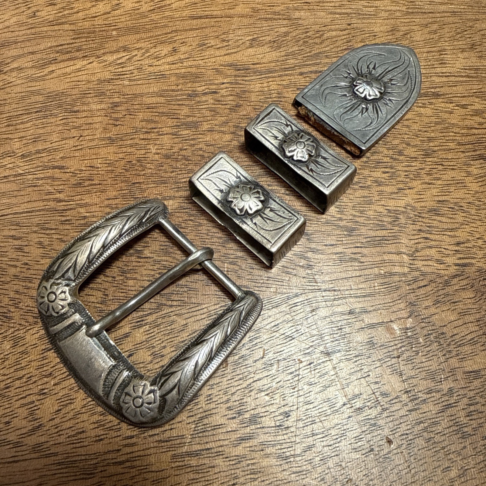 Vintage STERLING SILVER Belt Buckle Set 4PC western RANGER handcrafted Mexico