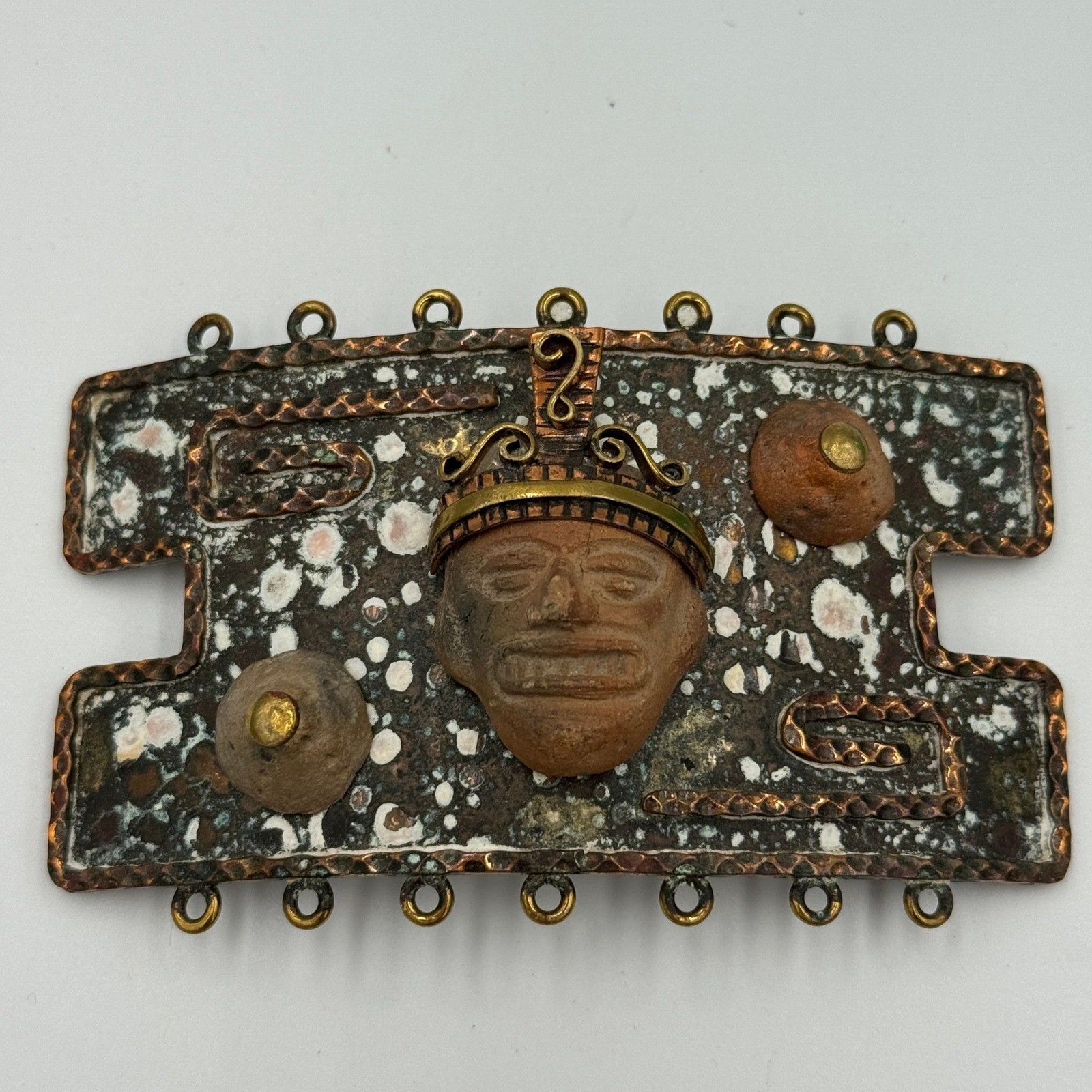 Vintage Maya Mexico Brutalist Mixed Metal Belt Buckle Clay Mask Enamel Folk Art