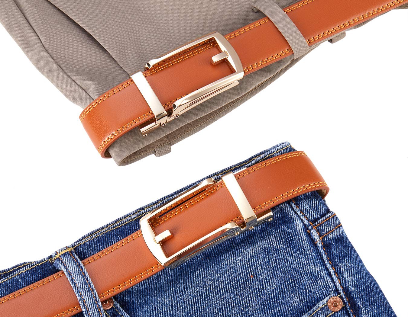 Tonywell Ratchet Belt, One Size, Light Brown Leather & Gold Metal Buckle