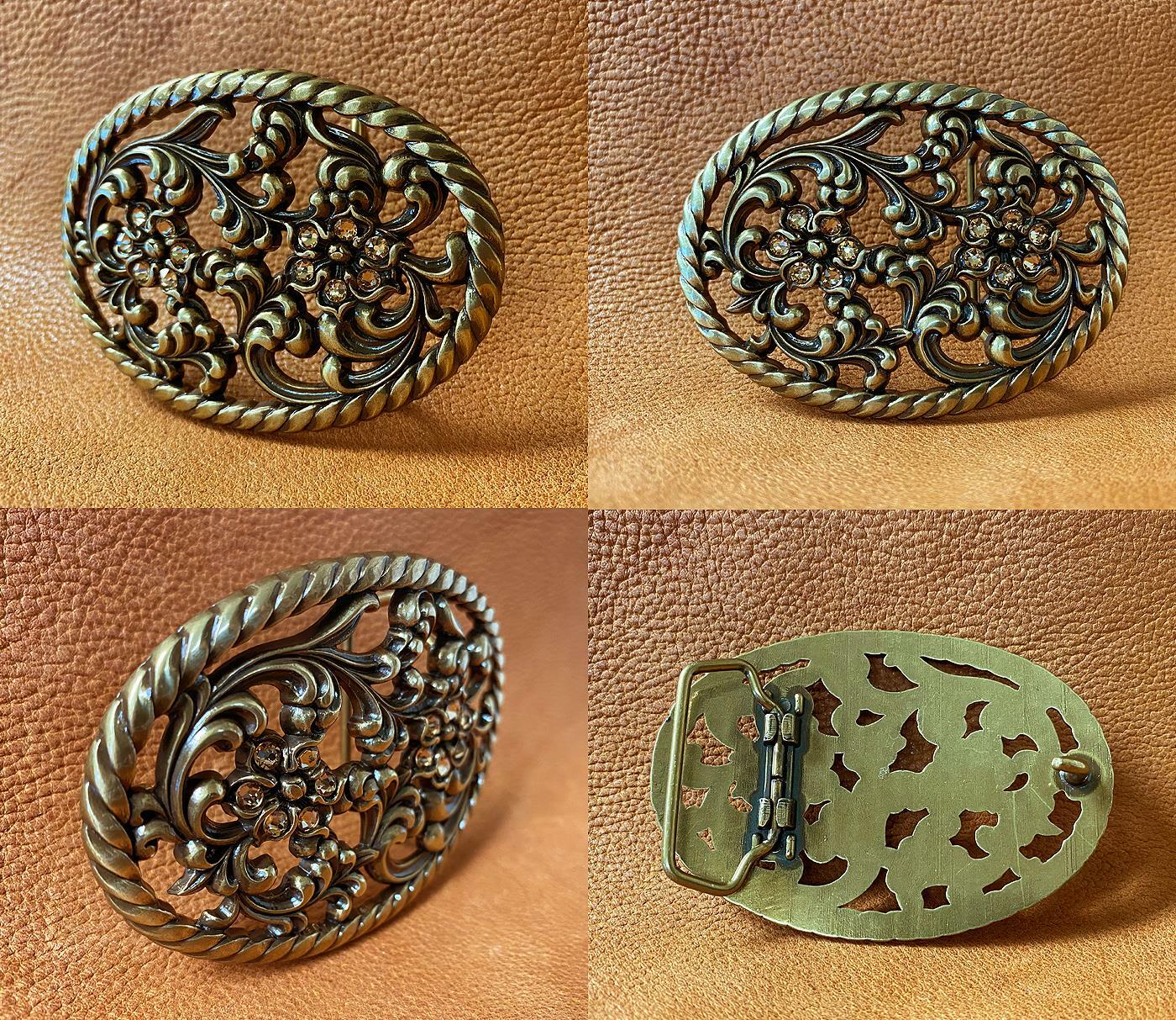 Antique Brass Flower Engraved Light Colorado Topaz Rhinestone Buckle
