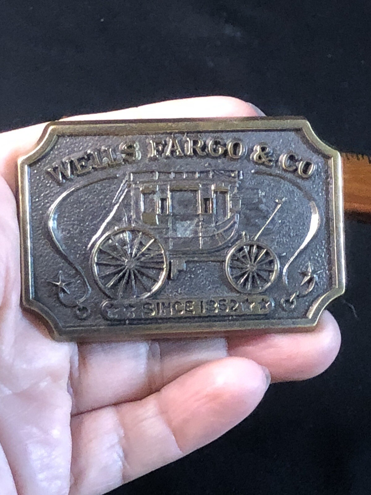 Vintage Brass Metal Wells Fargo Bank Stagecoach Belt Buckle 80s Original Western