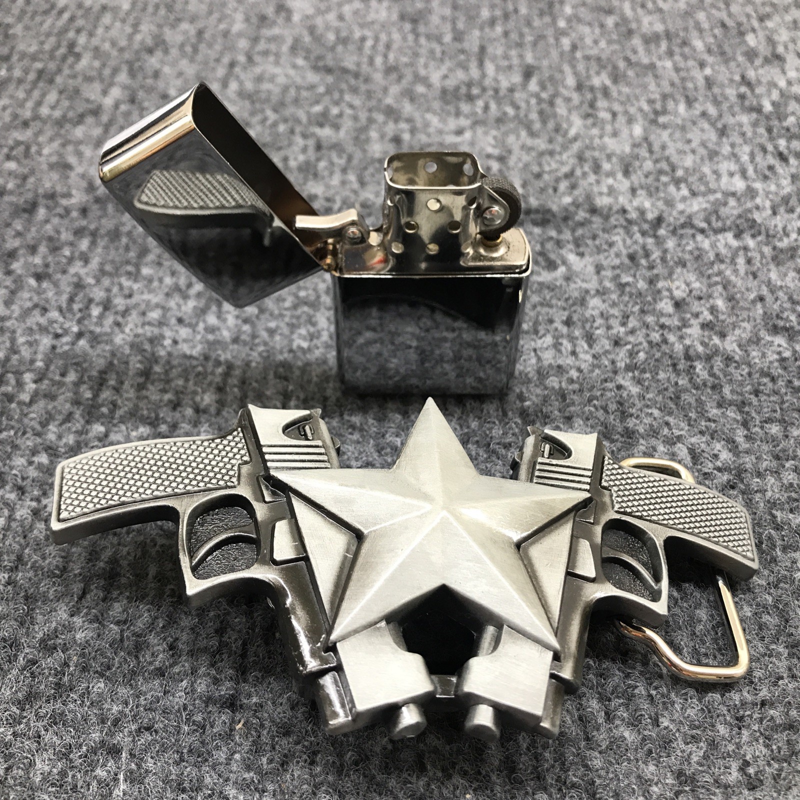 Antique Brushed Silver Star Large Western Belt Buckle with Lighter, Stock in US