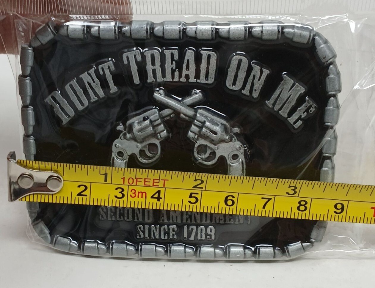 Dont Tread On Me Gun Belt Buckle 3.5 Inch Wide Pewter Tone Black Enamel #M-14