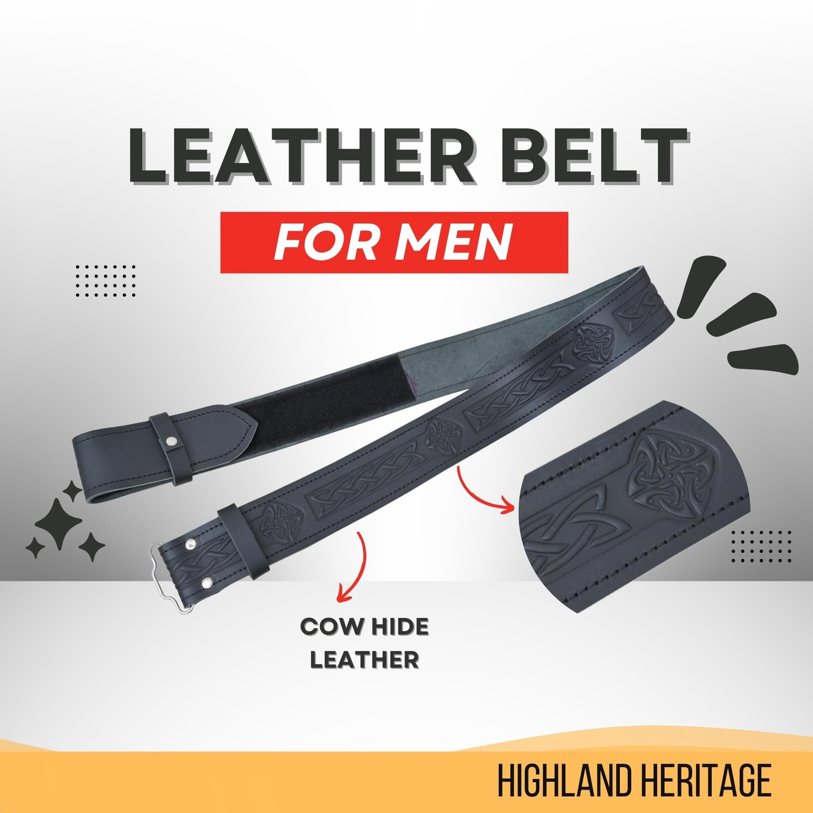 Kilt Belt and Buckle Set – Scottish Celtic Embossed Large – 38&Prime; to 42&Prime;, Black