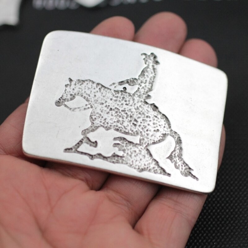 Cowboy Equestrian Rectangle Belt Buckle in Antique Silver, Rustic Western Buckle
