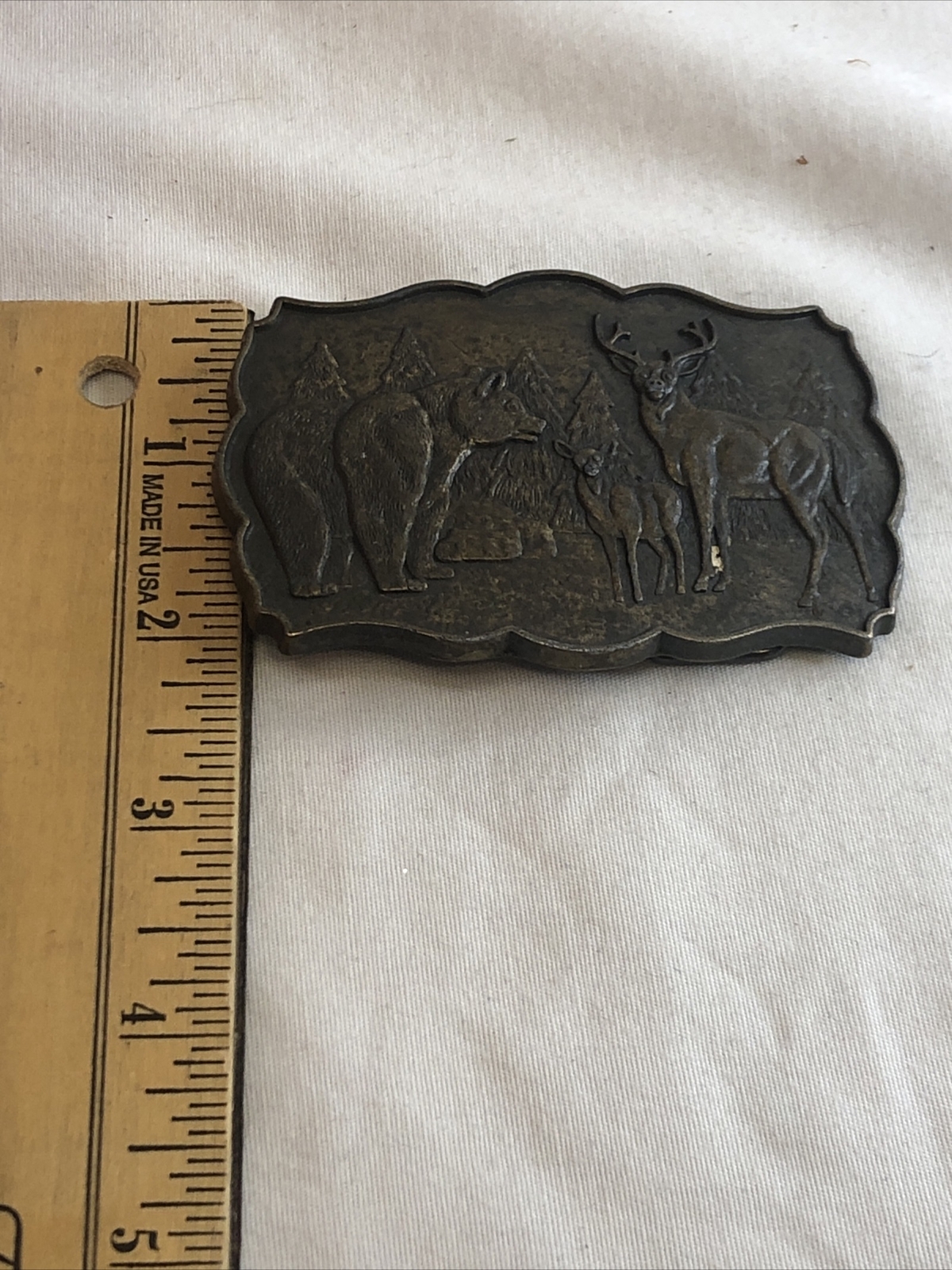 Vintage Bronze Tone RJ Belt Buckle Wilderness Forest Nature BEAR Deer BUCK Rock
