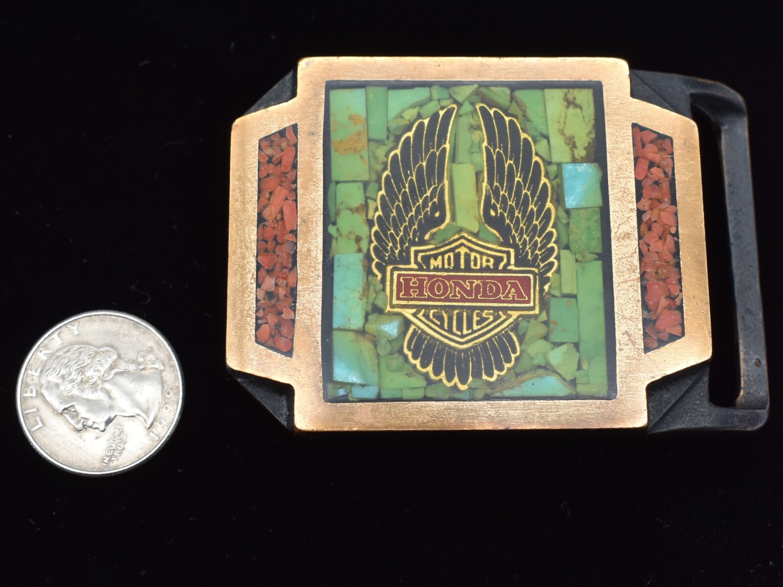 Tech Ether Guild Honda Motorcycles Solid Brass Stone Inlay Vintage Belt Buckle
