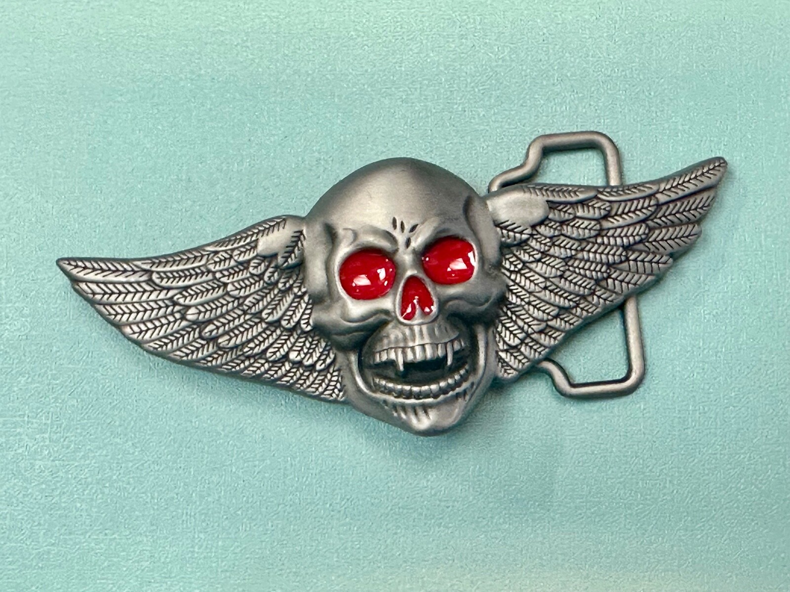 Skull With Fangs And Bright Red Eyes Cutout Large Wide Belt Buckle