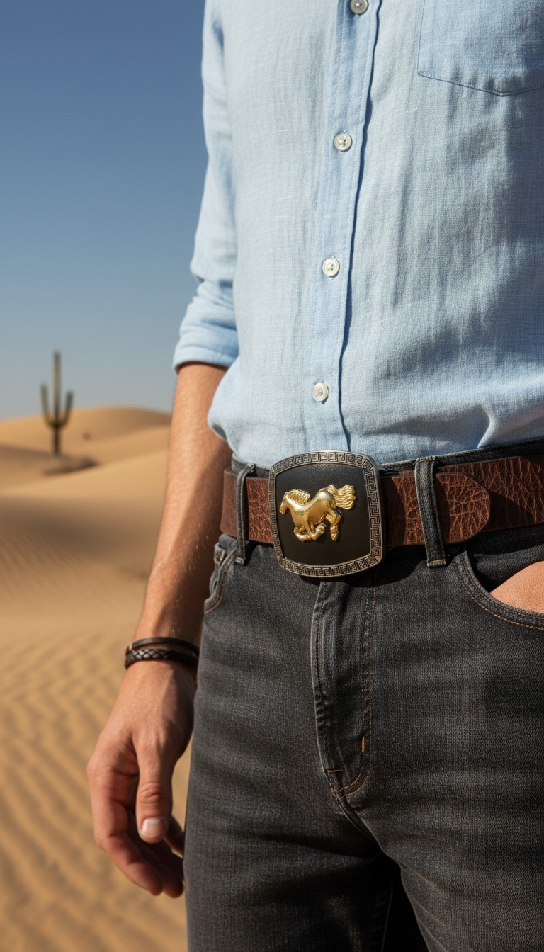 Men Women Western Belt Buckle Silver Metal Square Gold Rodeo Horse Black Fabric