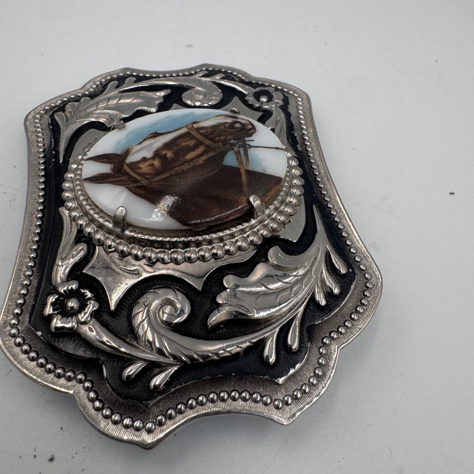 Vintage Western Horse Portrait Belt Buckle Silver Tone Floral Scrollwork Cowboy