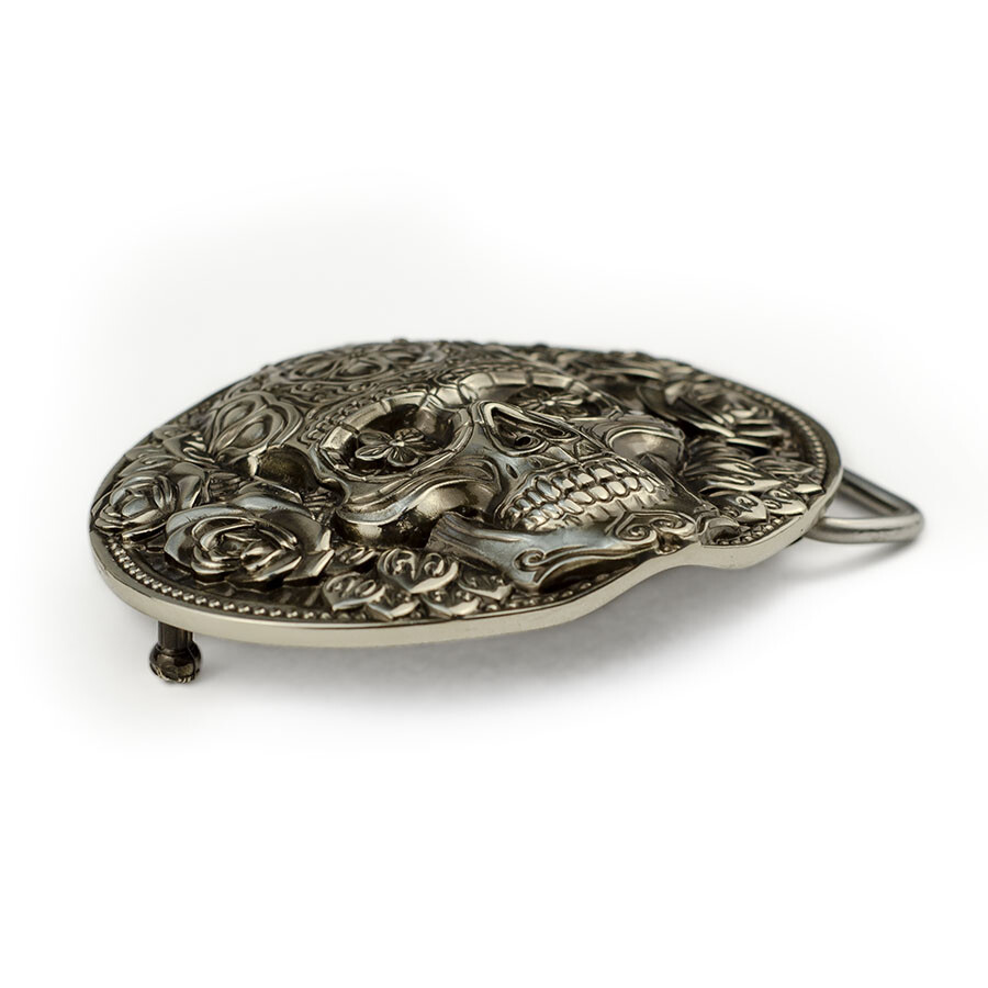 Santa Muerte german silver belt buckle, Skull El Día de Muertos belt buckle