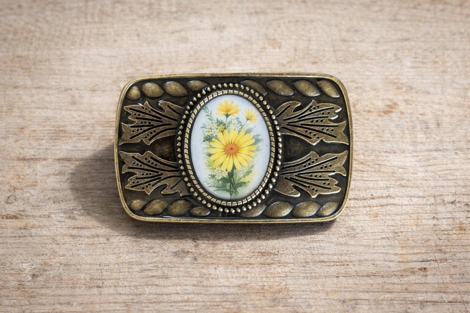Country Daisy Belt Buckle Whimsical Yellow Flower Western Style Fits 1.5in Belt