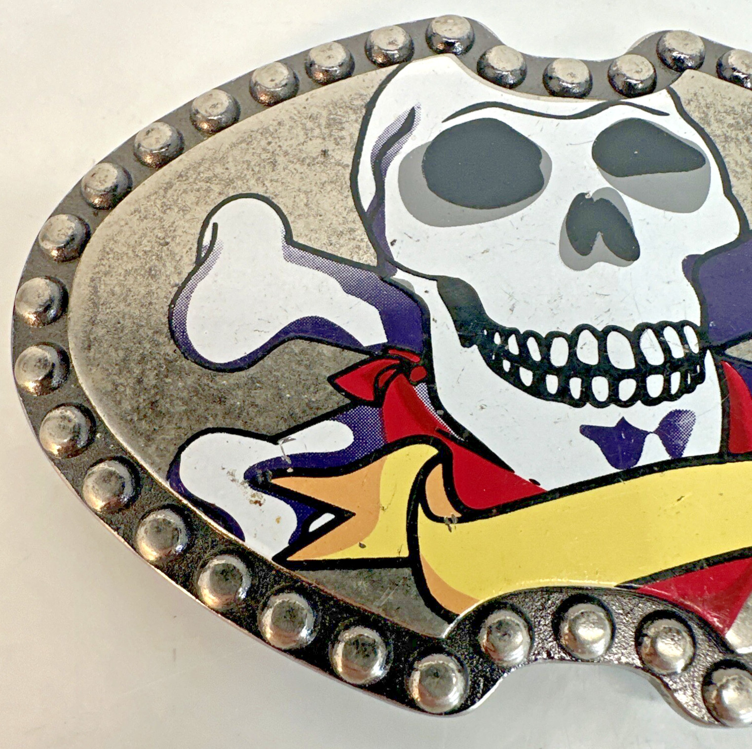 Skull & Crossbones Metal Belt Buckle 4” Studded Edge, Bandanna, And Banner