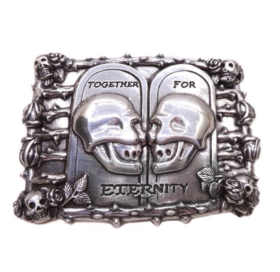 Gothic Skull Belt Buckle, Together for Eternity, Antique Silver Zamak