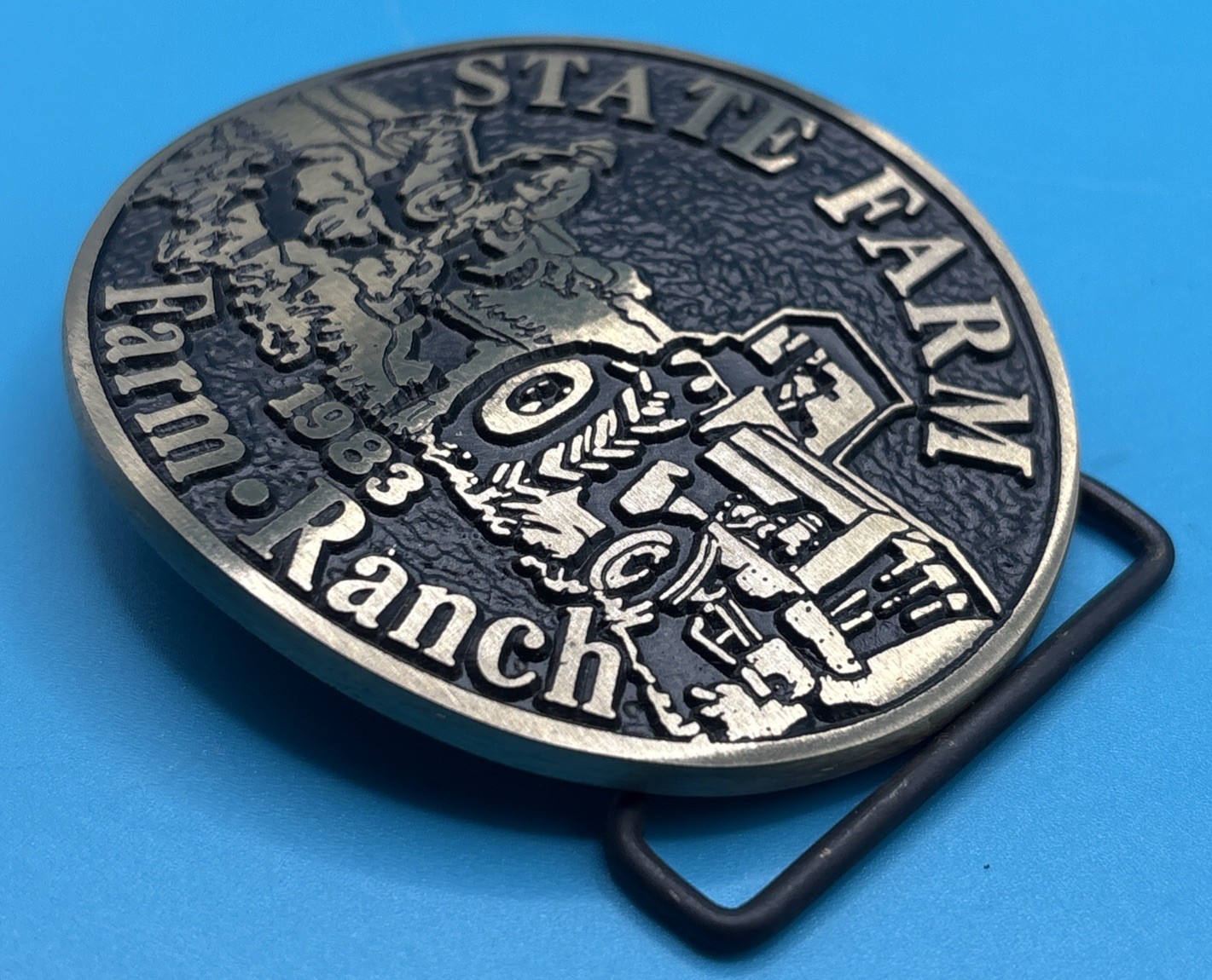 VTG State Farm 1983 ADVANCED CASTING SOLID BRONZE BELT BUCKLE Farm-Ranch Good+