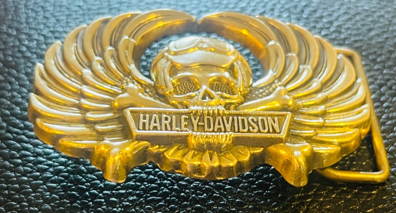 Vtg. 70s Harley Davidson Belt Buckle Brass Skull Crossbones Wings Biker Chopper