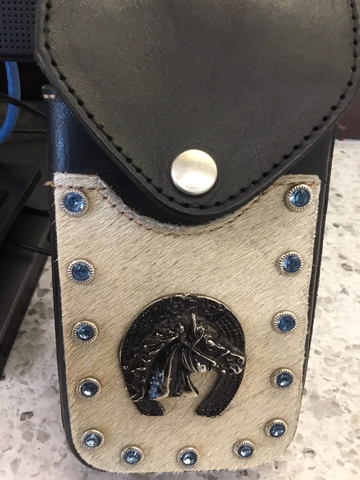 Leather Belt Attachment WESTERN COWHIDE HORSE HORSESHOE BLUE STONES-NICE!!