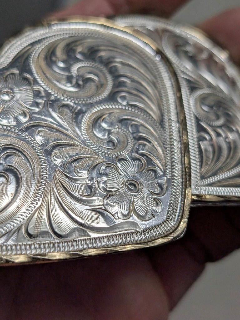 vintage DOUBLE HEARTS belt buckle WESTERN german silver ALPACA cowboy rodeo