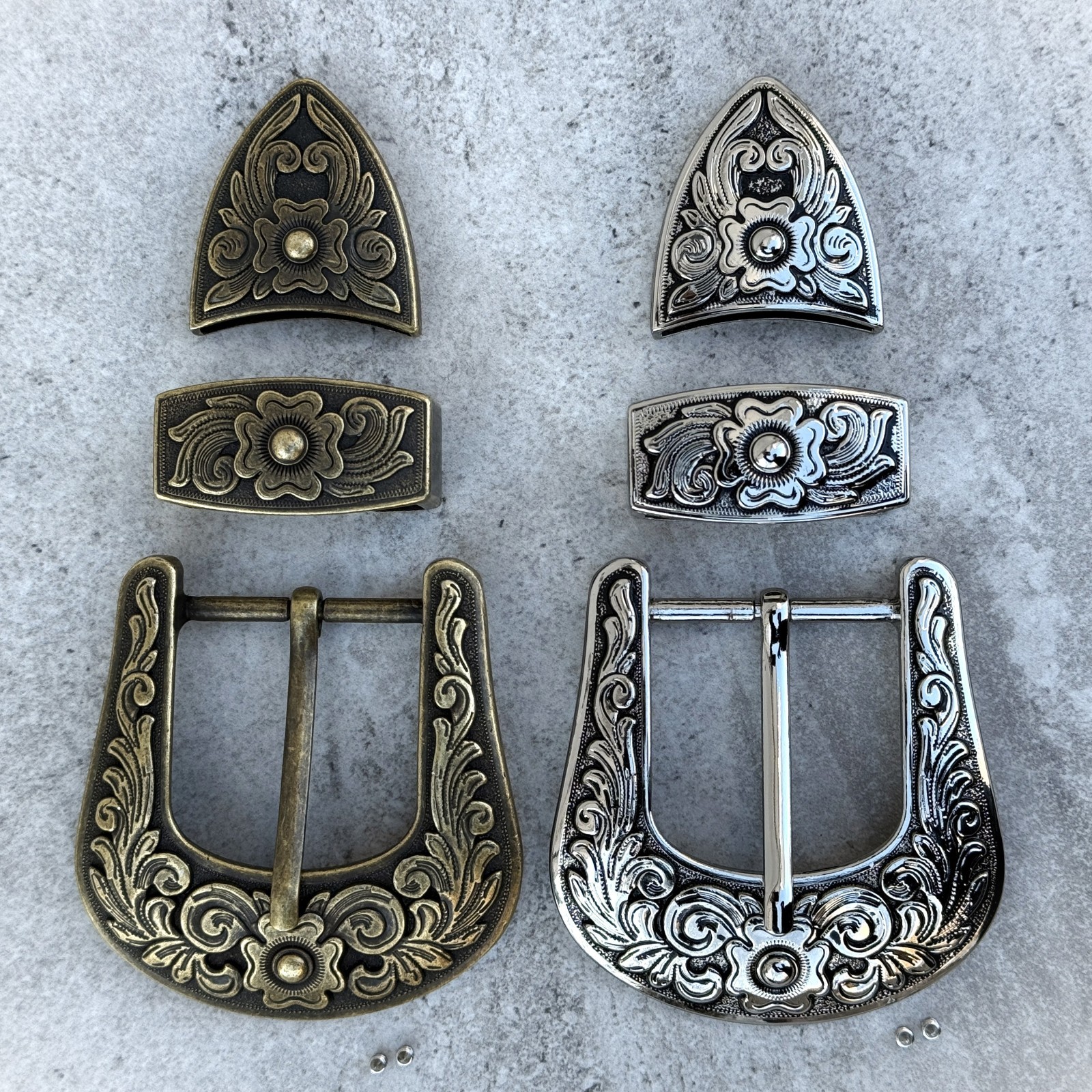 Western 3-Piece Belt Buckle Set Floral Engraved Silver Bronze Cowboy Rodeo Style