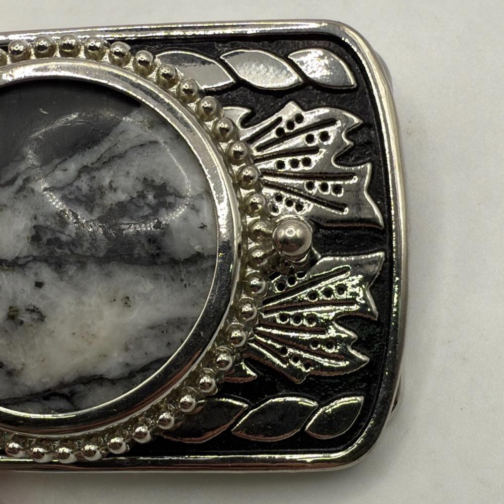 Vintage Silver Tone Black Belt Buckle Marble Stone Design Western Engraved