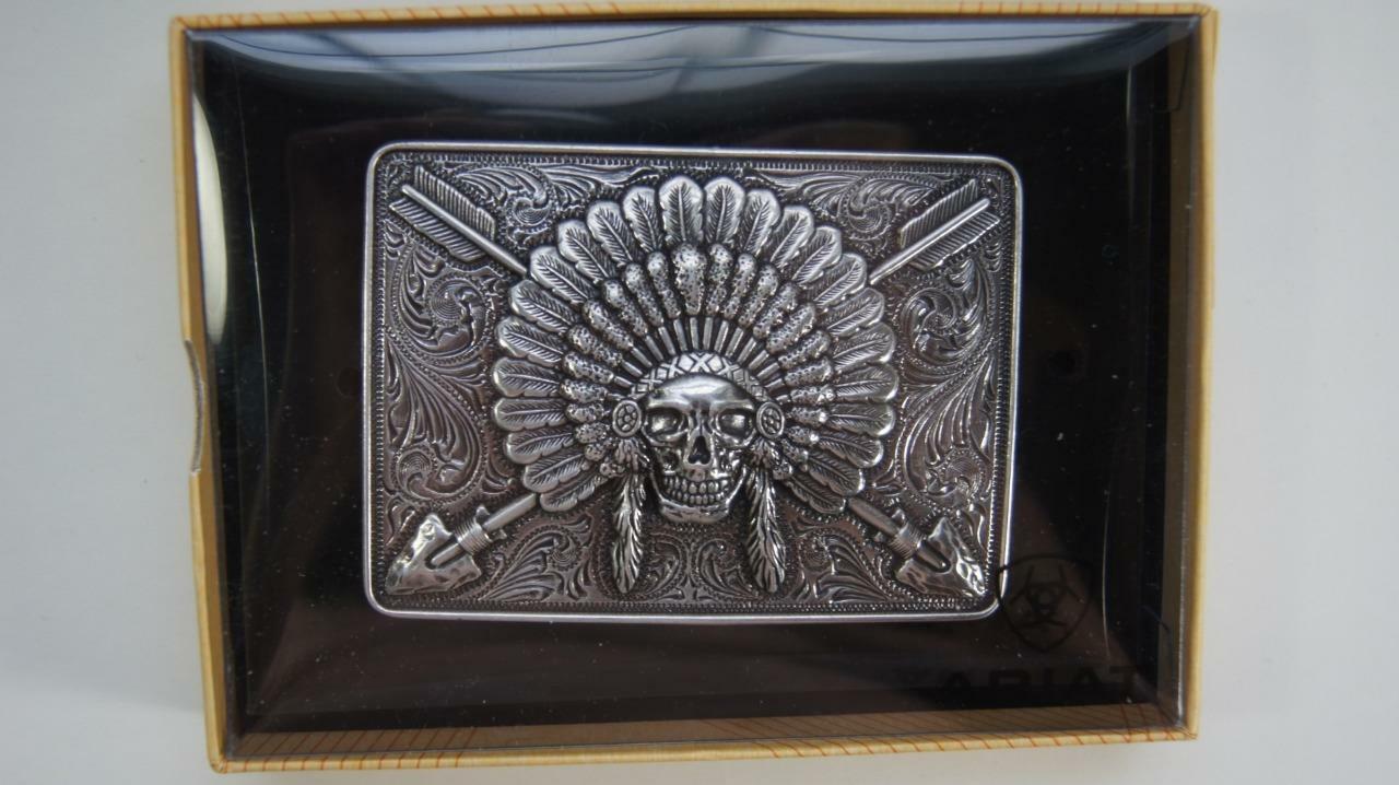 Ariat Western Mens Rectangle Belt Buckle Chief Skull Arrowheads Silver A37009