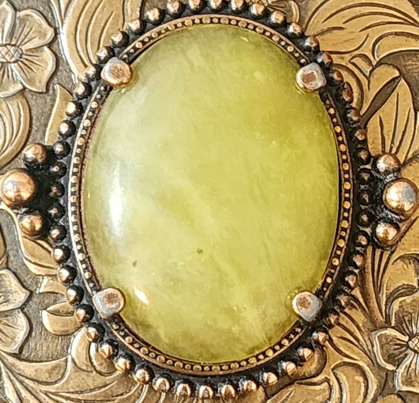 Vintage Western Floral Belt Buckle Yellow-Green Serpentine-Style Stone