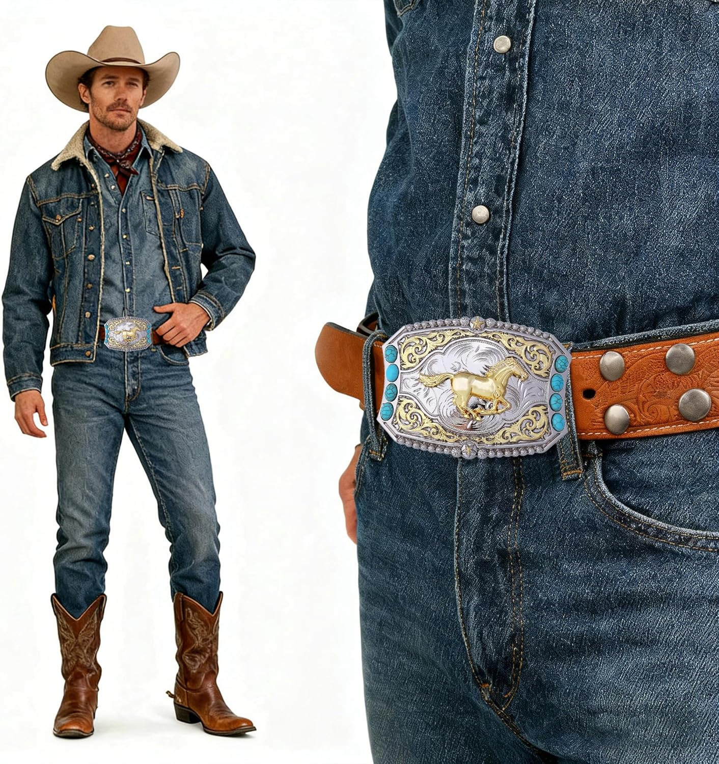 Cowboy Style Belt Buckle for Men Western Buckles with Horse and Turquoise Vin…