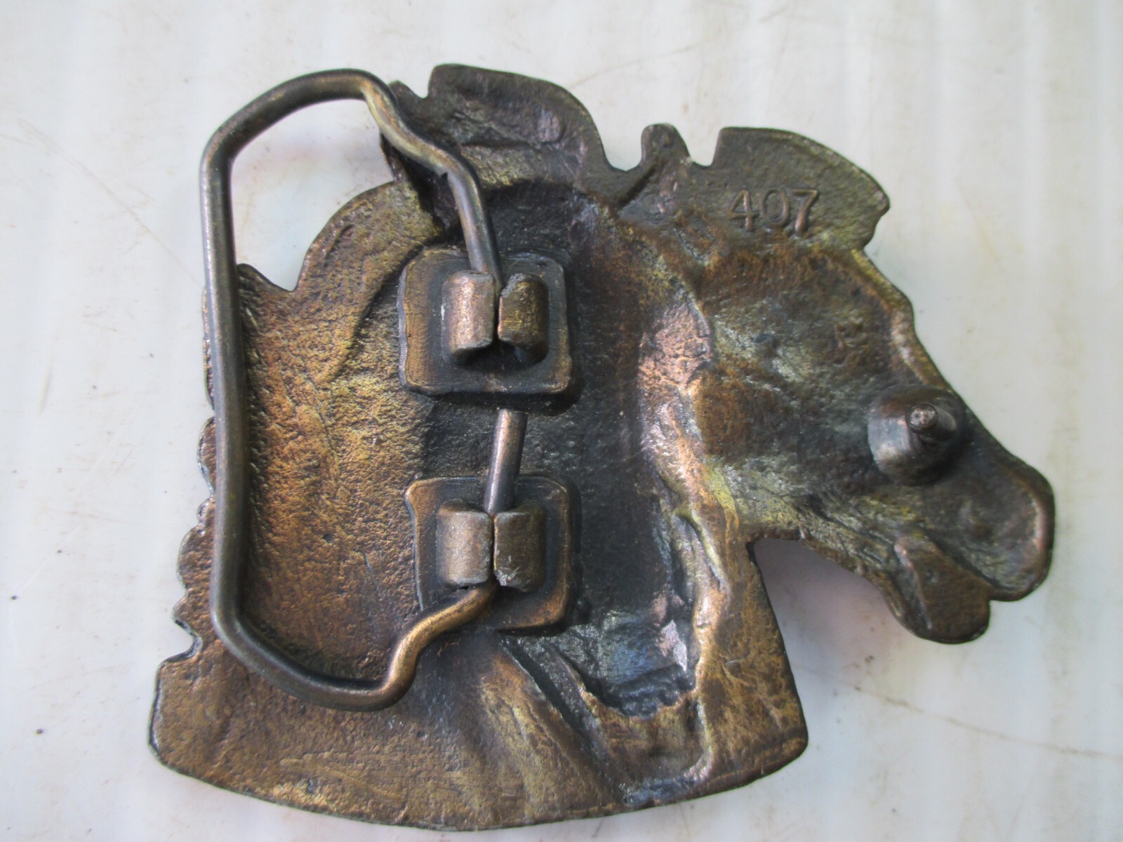 Solid Brass Belt Buckle Western 2 Horse Heads 3 Dimensional 407