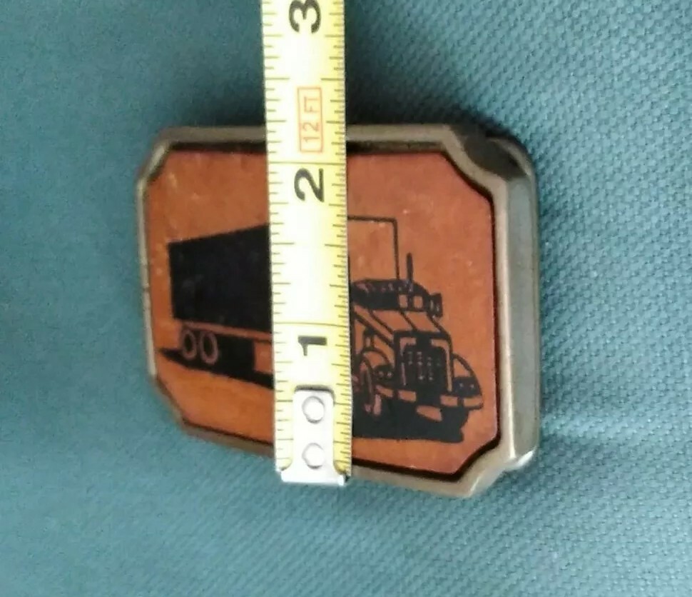 Vintage BTS Solid Cast Brass Tooled Leather Semi Truck Belt Buckle Tan Black