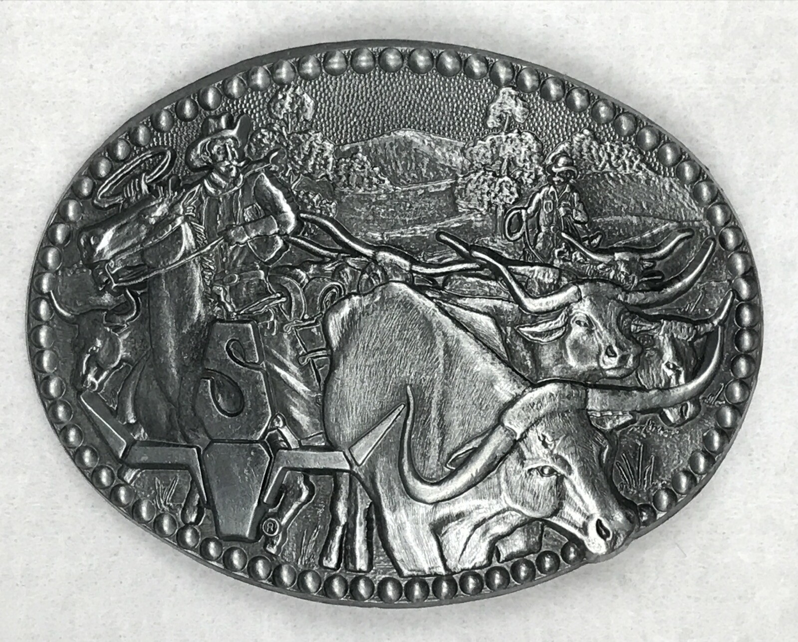 vtg 80s SHEPLERS COWBOY BULL PEWTER AWARD DESIGN MEDALS BELT BUCKLE horse