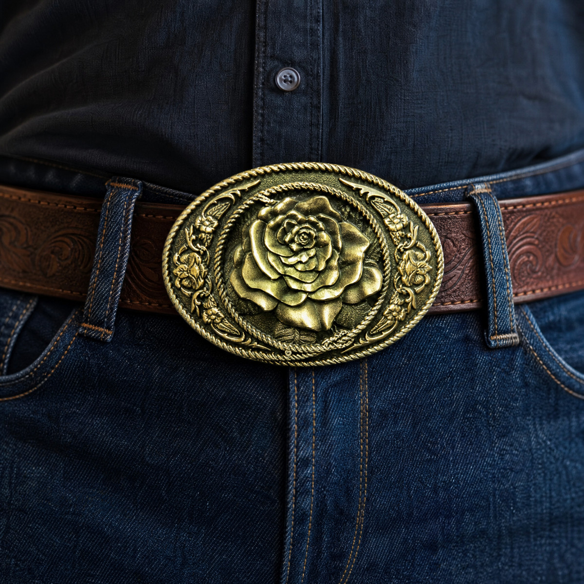 Western Rose Flower Oval Bronze Plated Belt Buckle Cowgirl Country Floral Mens