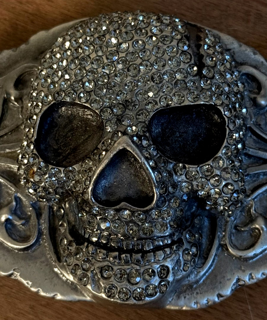 FREE SHP! Silver Dagger Belt Buckle Skull Metal Black Iridescent Rhinestones