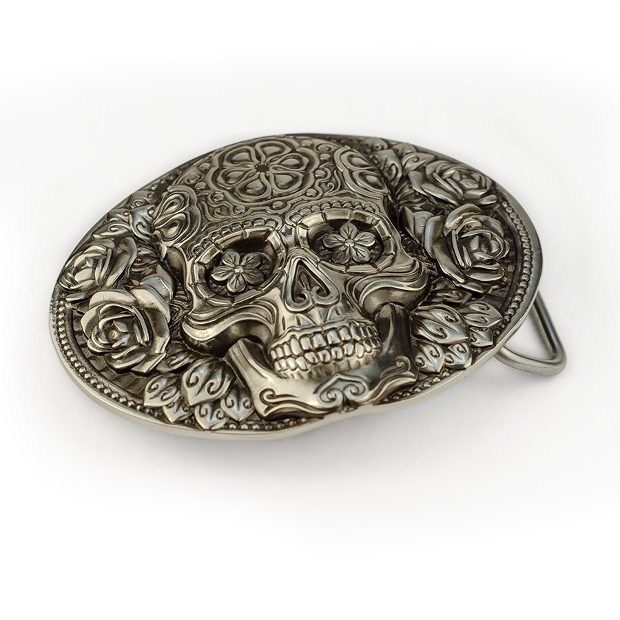 Santa Muerte german silver belt buckle, Skull El Día de Muertos belt buckle
