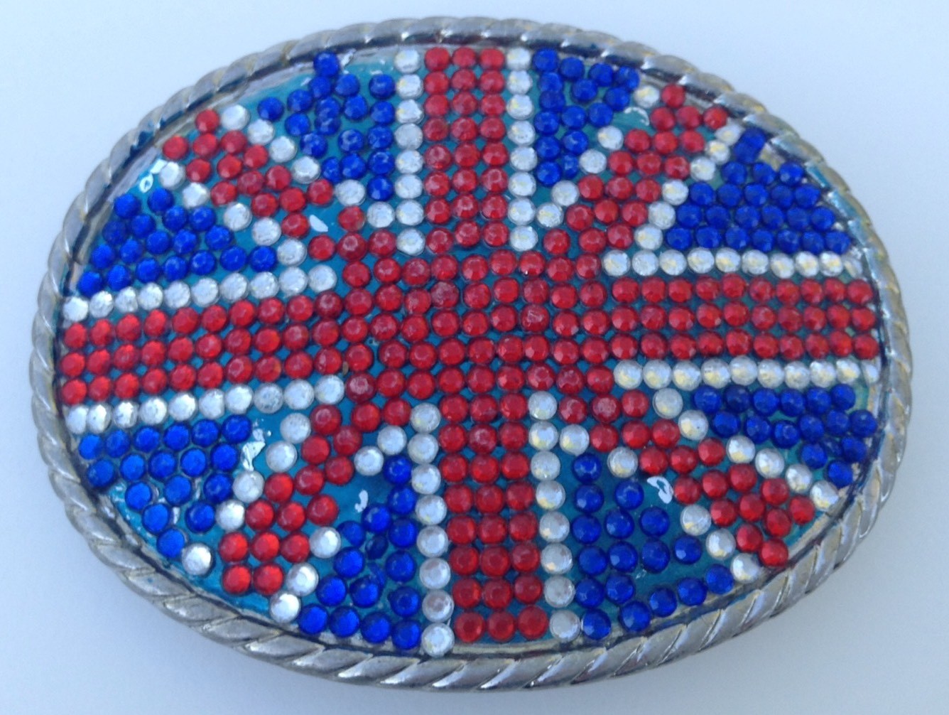British Flag Belt Buckle Oval Beaded Sparkles About 3.75&Prime;x2.75