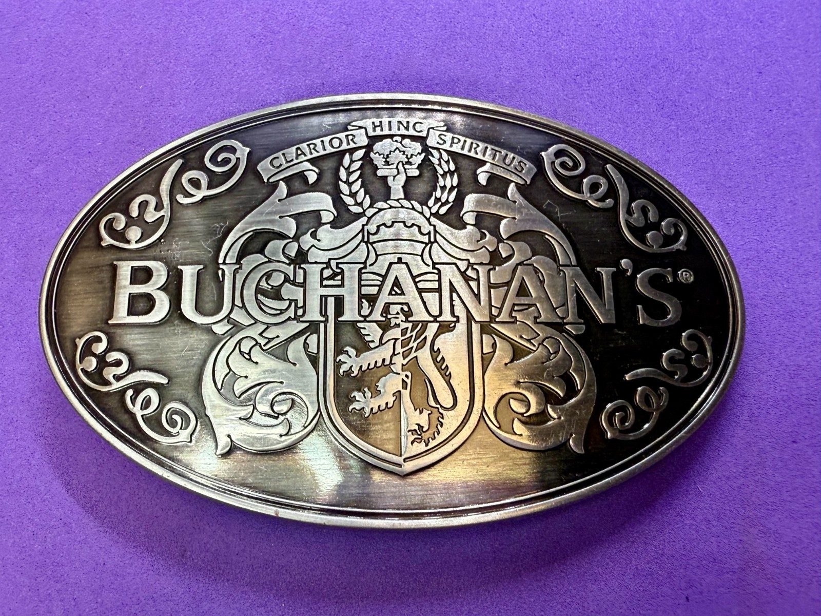 Buchanan&rsquo;s ScottishTop Shelf Whiskey promo Clarior Hinc Spiritus Belt Buckle