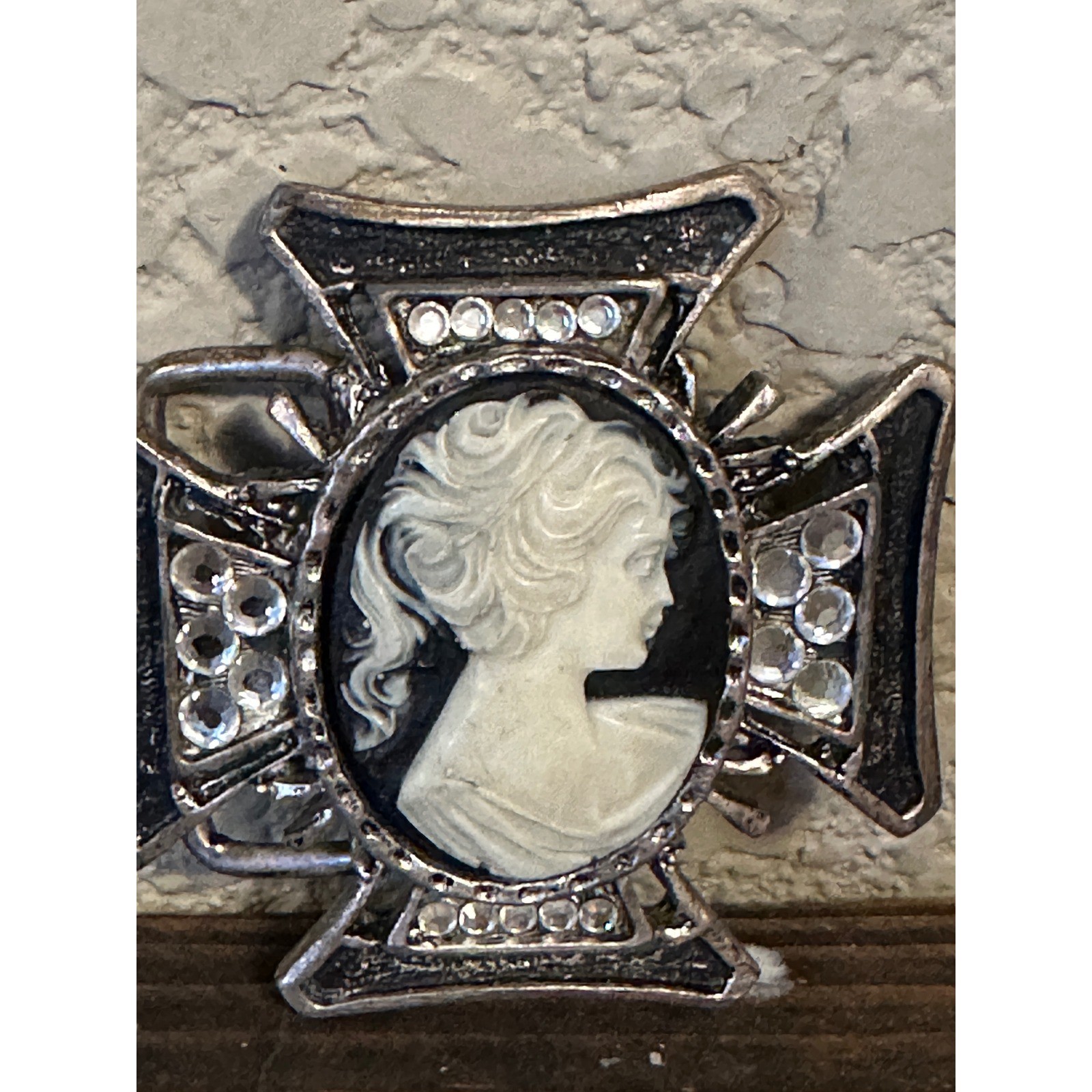 Vintage Gothic Cameo Maltese Cross Belt Buckle Silver Tone Rhinestone Mens Biker