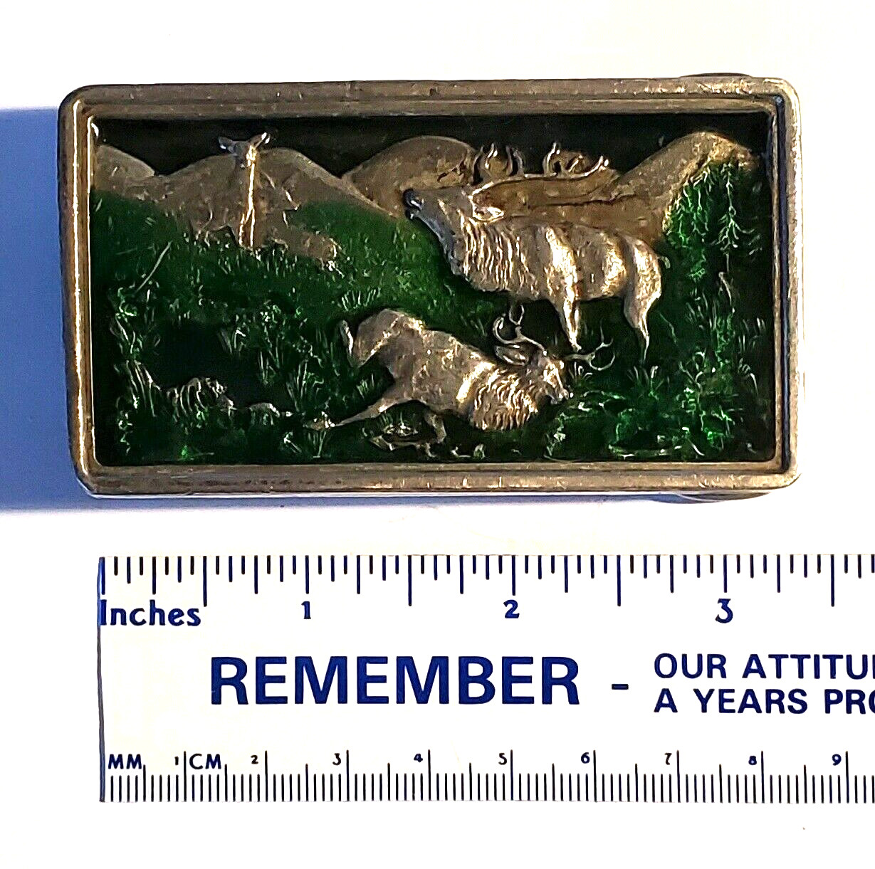 Vintage 1977 Bergamot Brass Works belt buckle elk family scene mountains USA