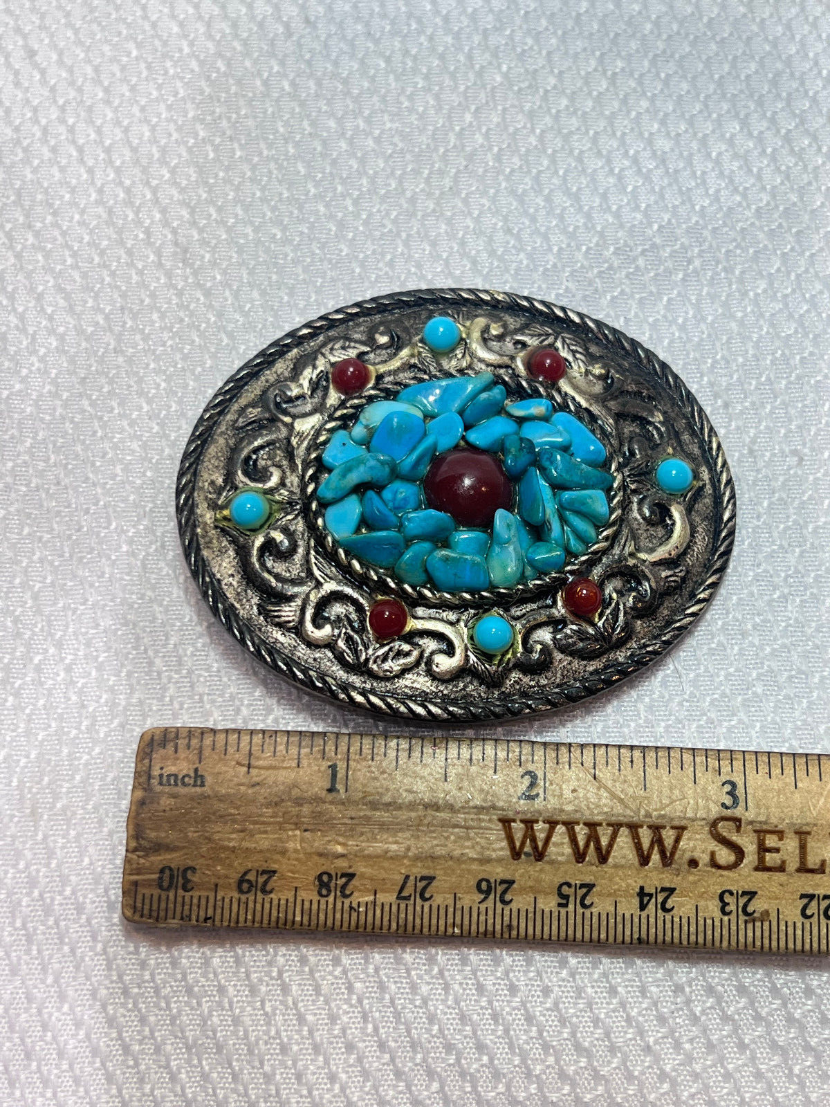 VTG Turquoise Belt Buckle Red Color Stones South Western Country Style Oval