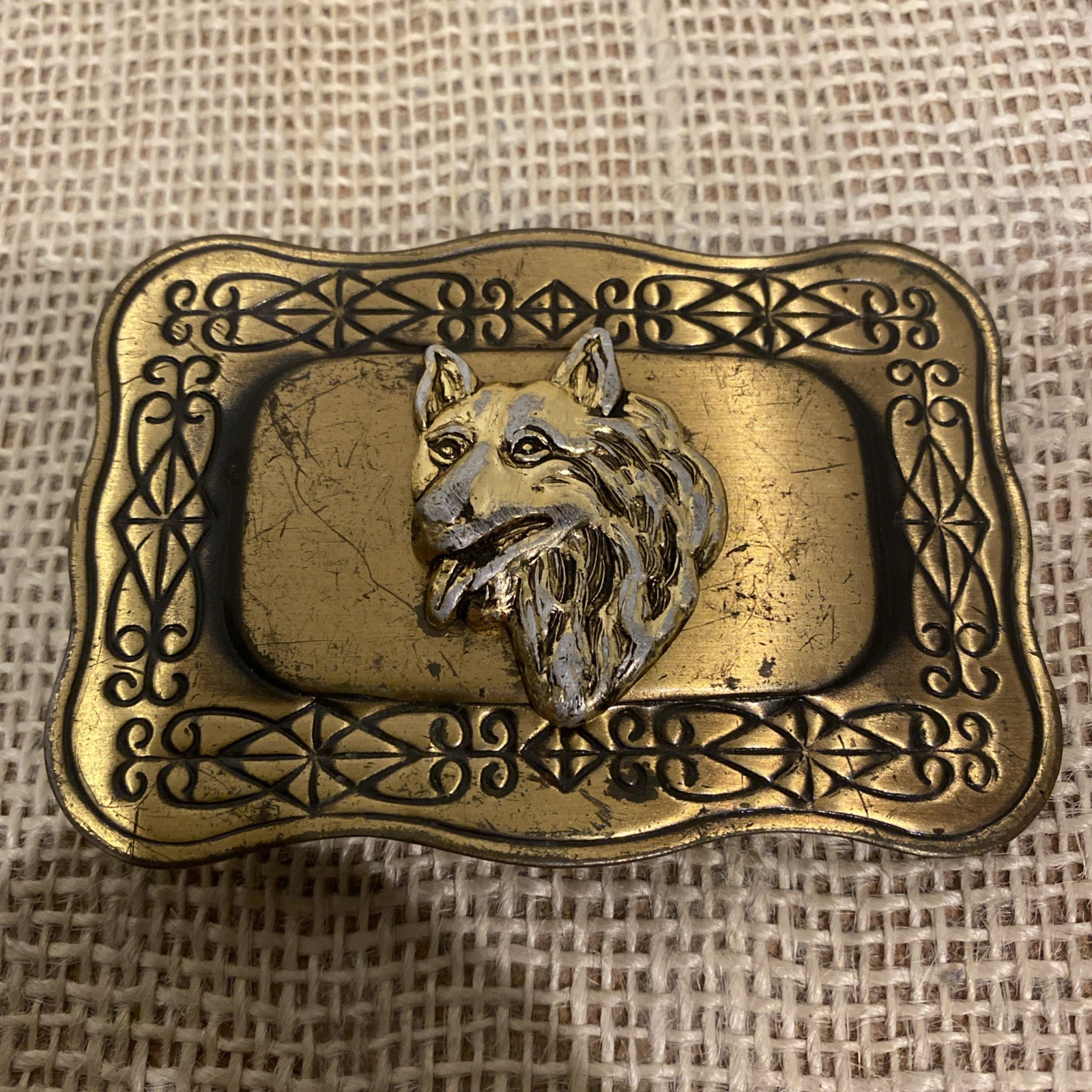 Vintage Western Belt Buckle Brass Wolf Japan