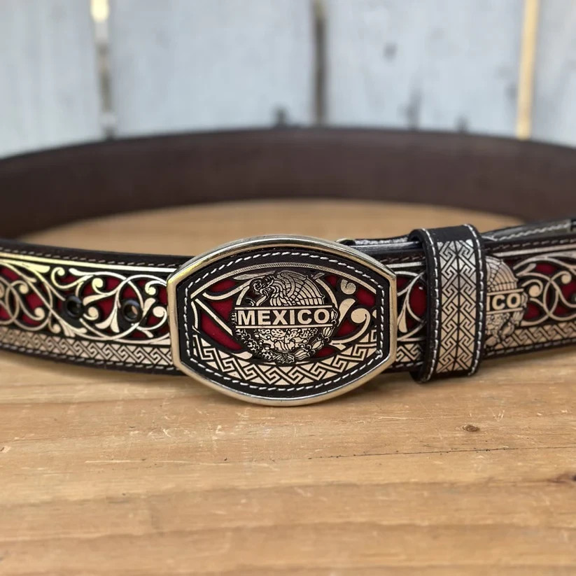 Genuine Laser Cut Leather Mexico Western Belt with Removable Buckle – Silver