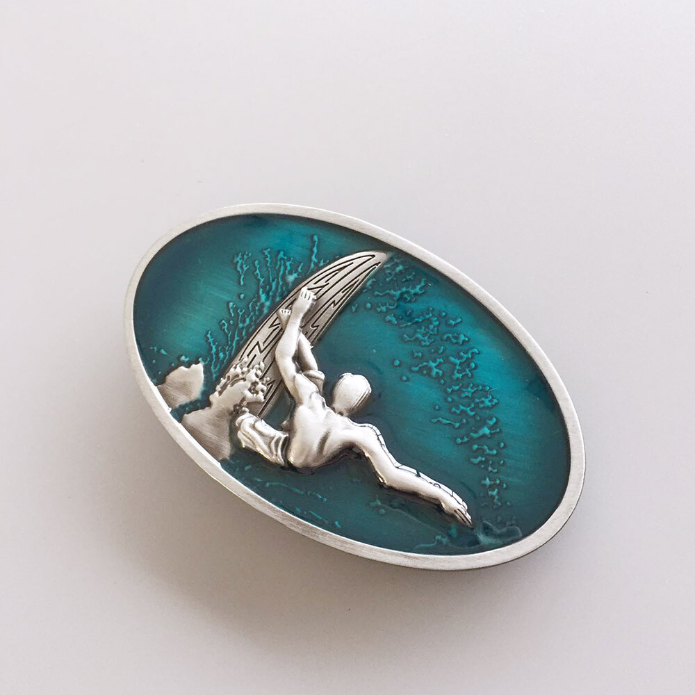 Vintage Enamel Surfing Boy Sport Oval Belt Buckle Gurtelschnalle