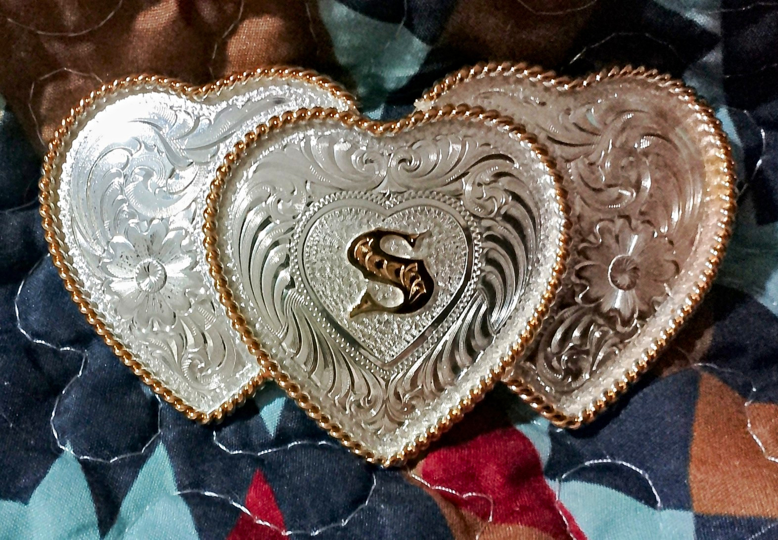 Montana Silversmiths Western Silver Plated Floral Triple Heart Buckle Initial S