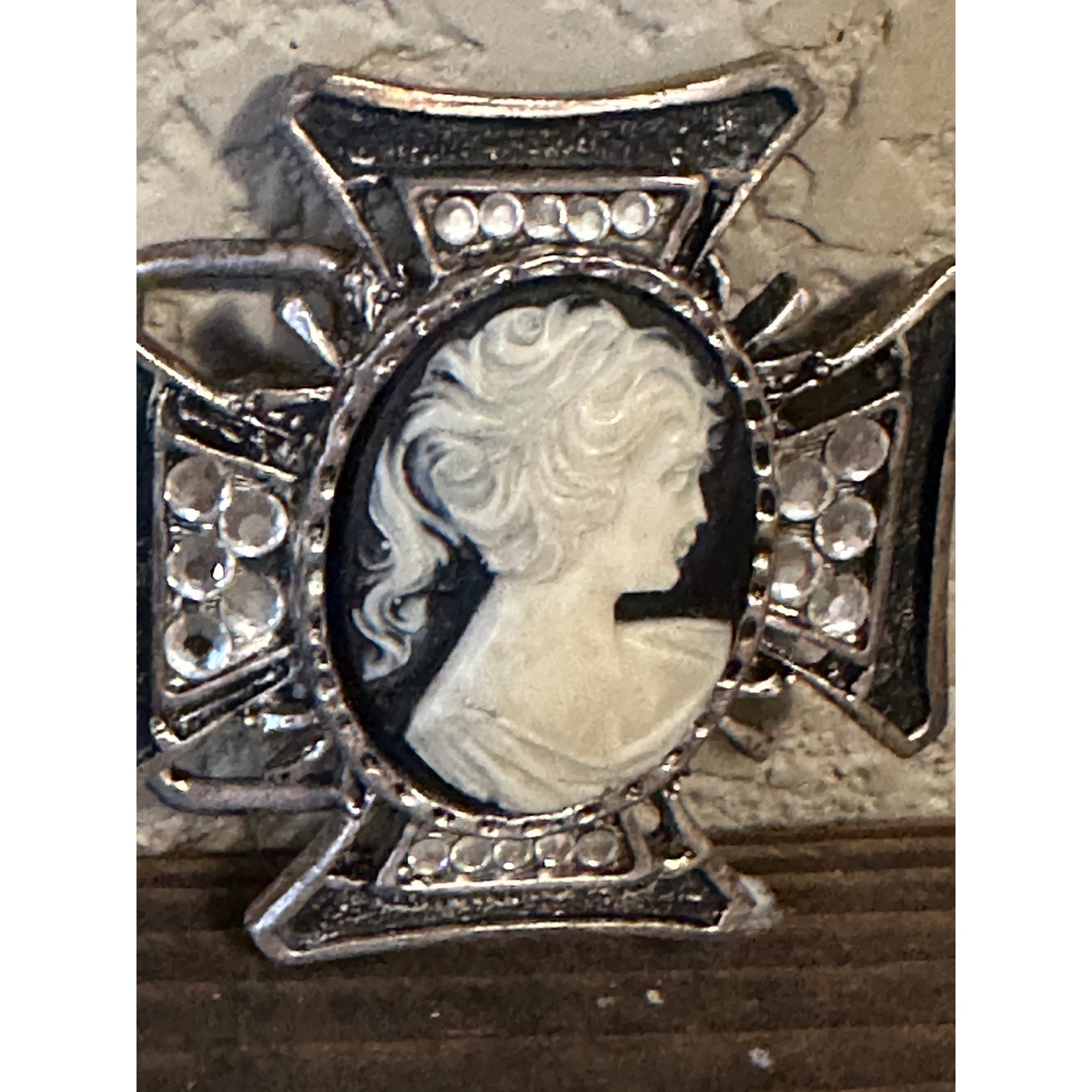 Vintage Gothic Cameo Maltese Cross Belt Buckle Silver Tone Rhinestone Mens Biker