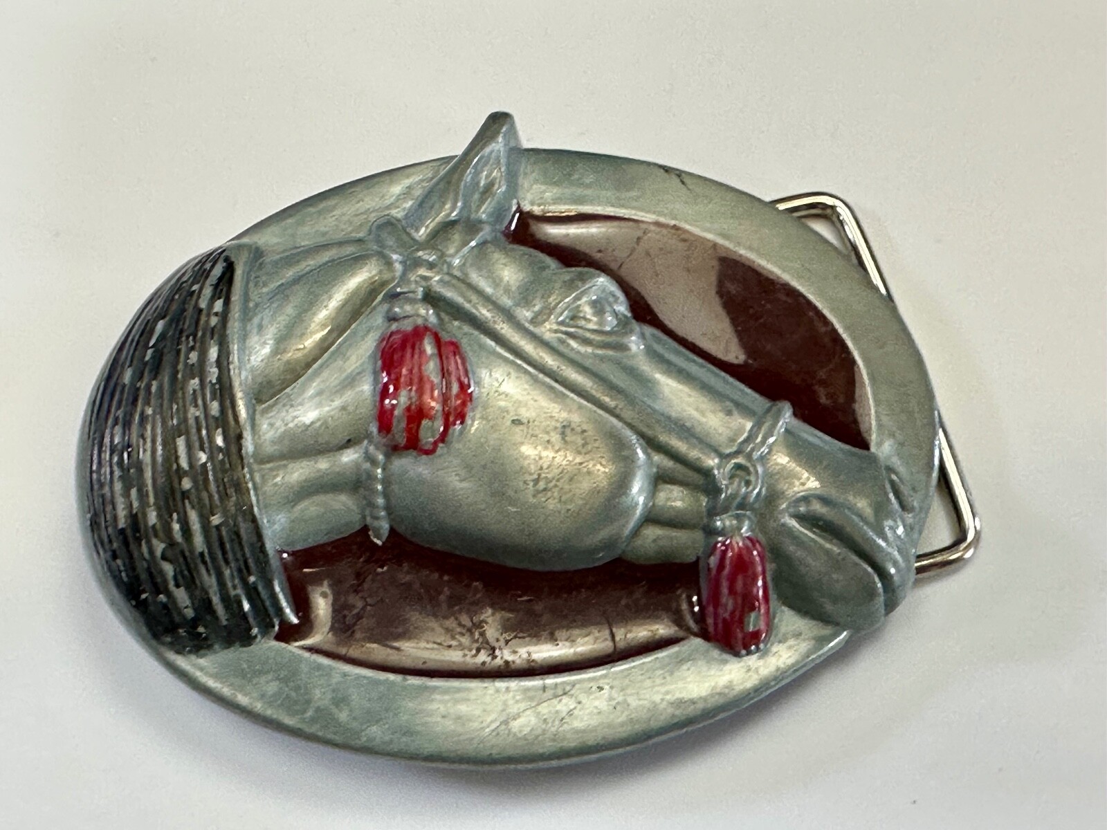 Raised Horse Head Vintage Cowgirls Red Enamel Accents Belt Buckle