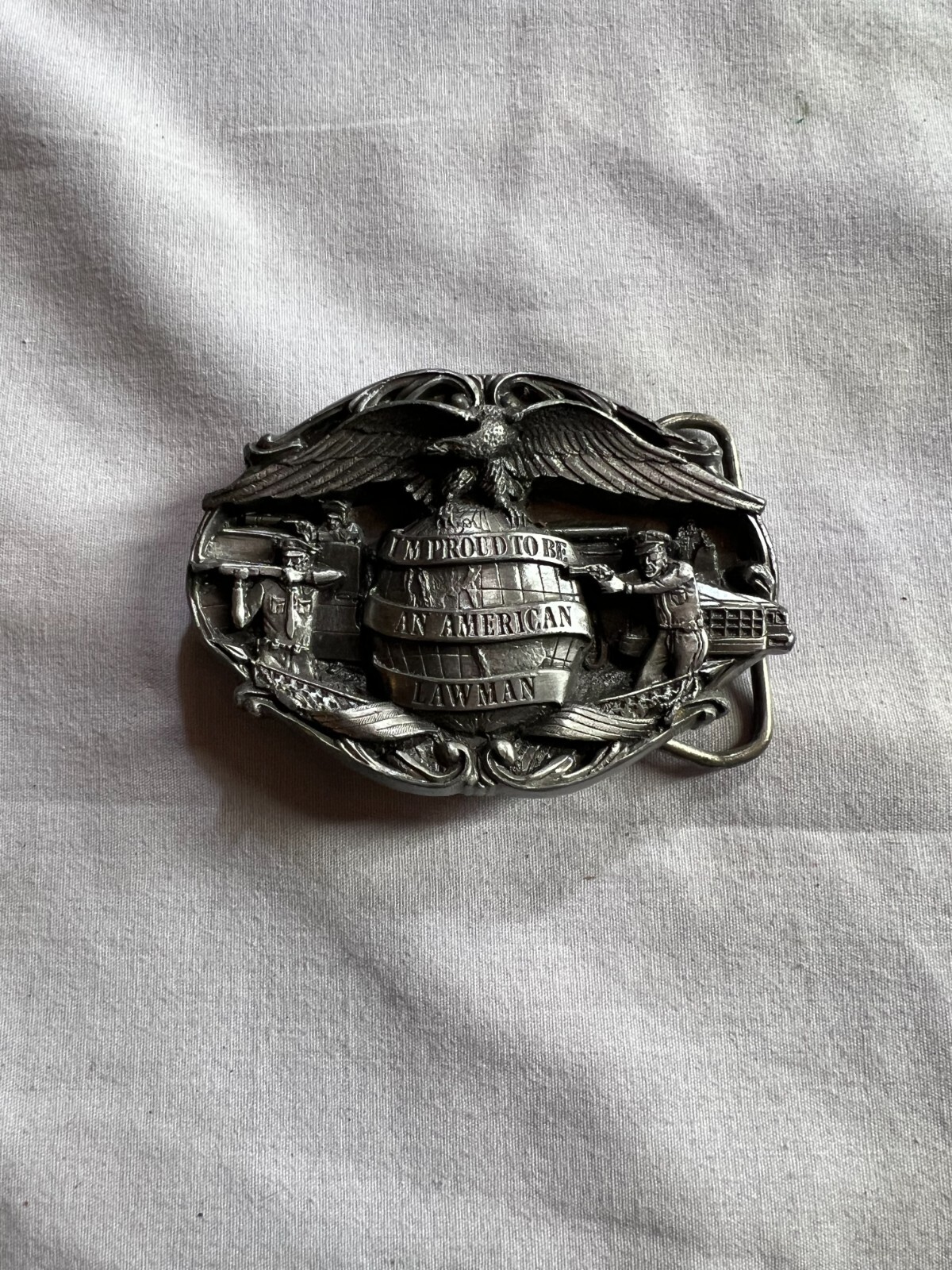 PROUD TO BE AN AMERICAN LAWMAN BELT BUCKLE VINTAGE 1985 AWESOME DETAIL ON BUCKLE