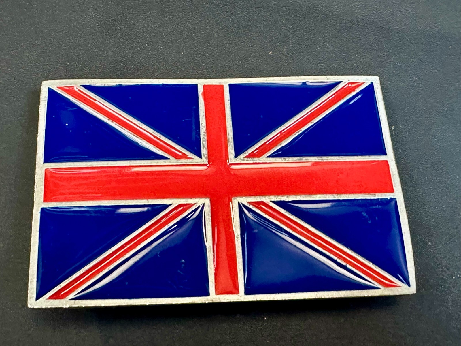 British UK Flag Union Jack Blue & Red Enameled Silver Tone MOBTOWN Belt Buckle