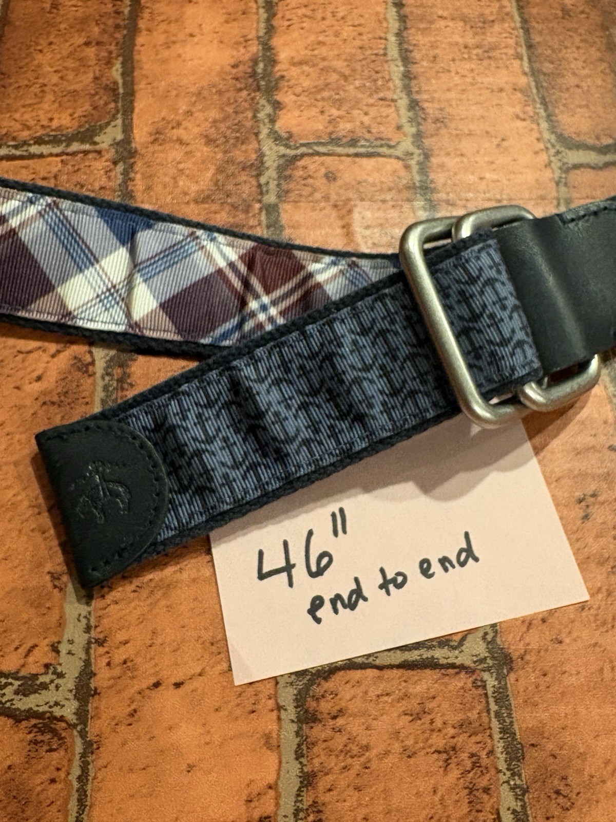 Brooks Brothers Belt L Leather Tab D O Ring Reverse Plaid Nautical Anchor Blue