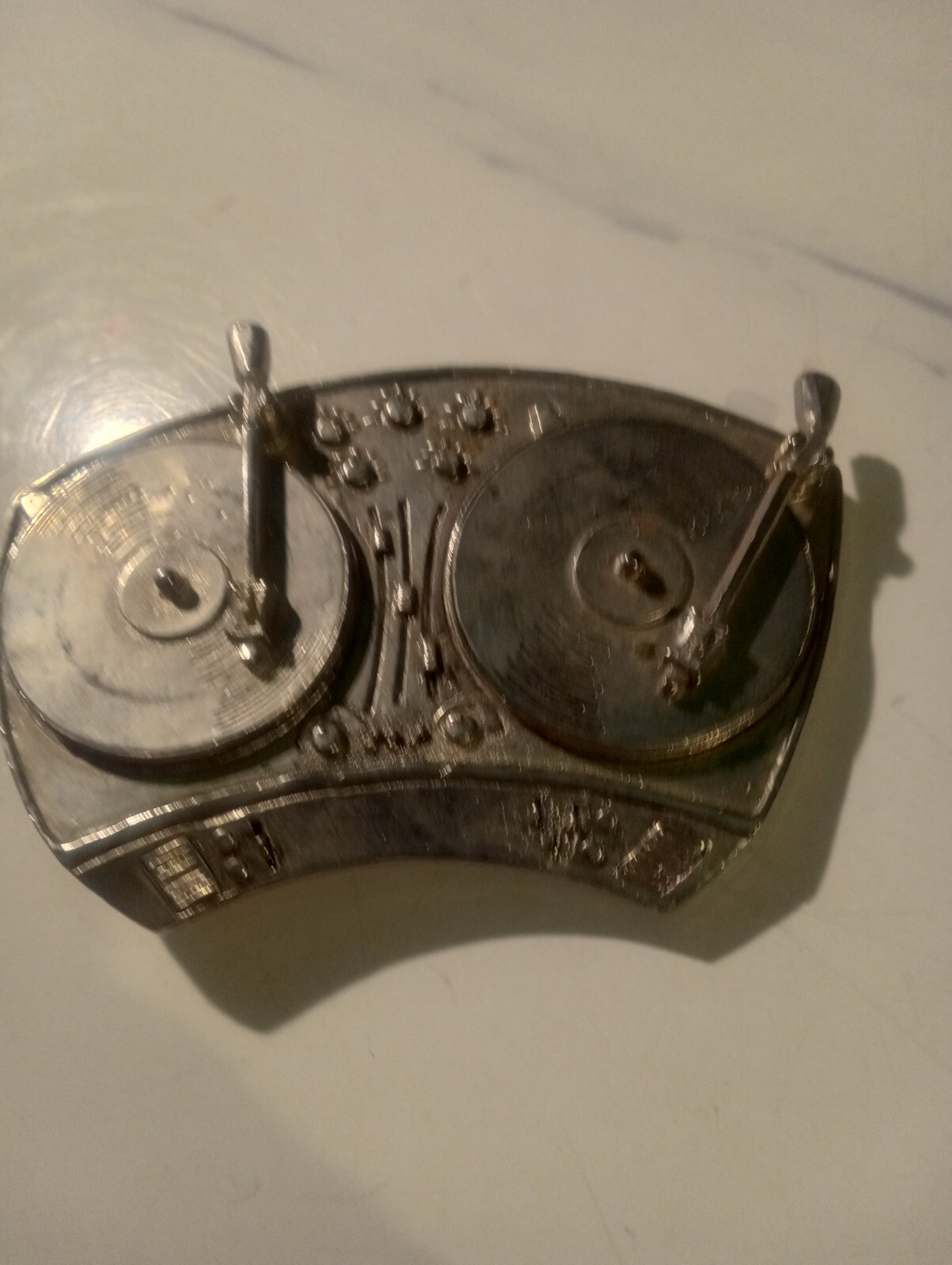 DJ Turn Tables Spinning Belt Buckle Silver Star Originator Vintage Made in USA