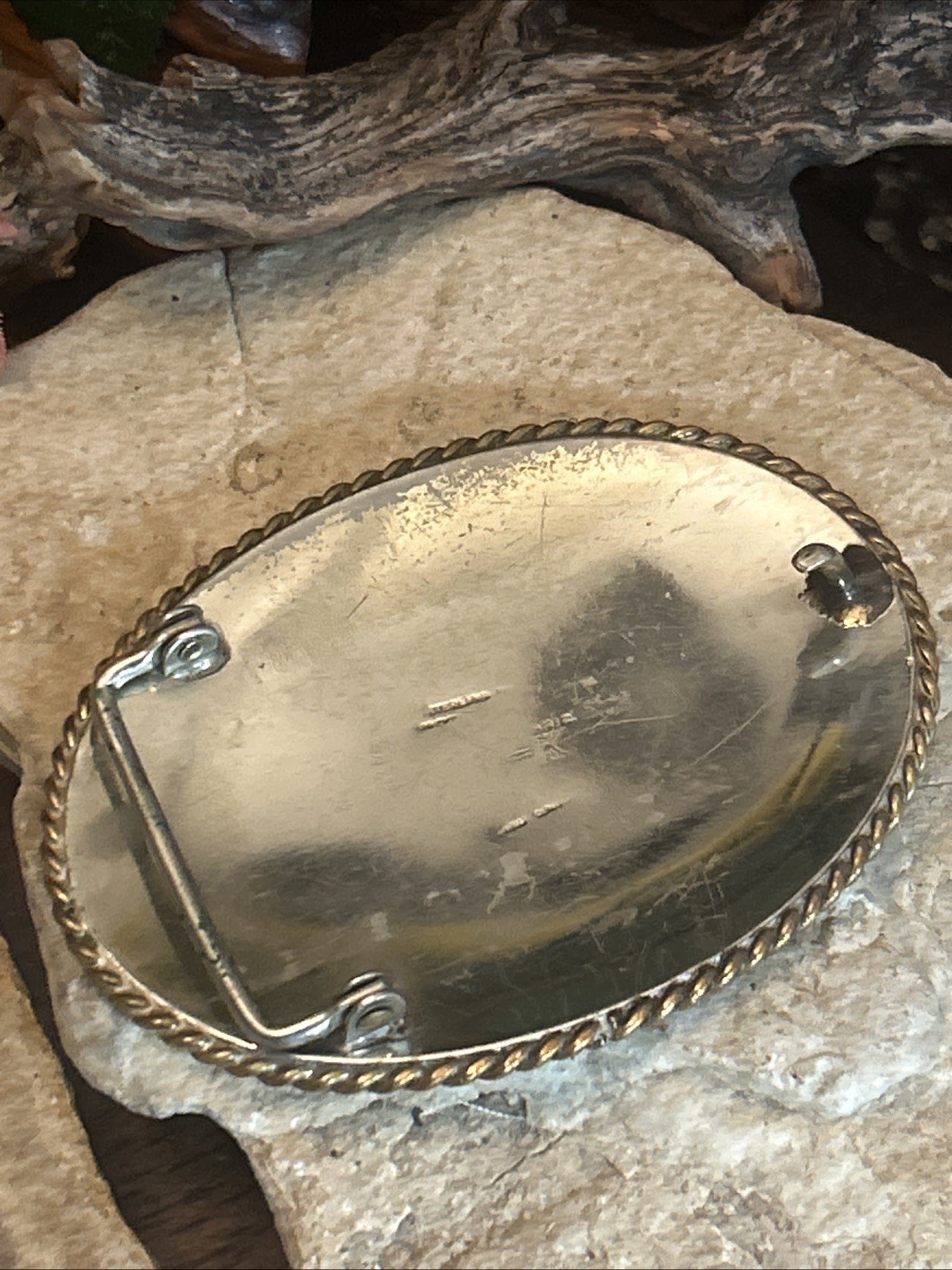57. Vintage 925 Hand Engraved STAR Swirl Brass Rope Framed Oval Buckle 50.4g
