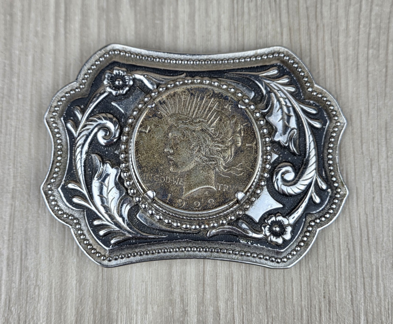 Vtg 1923 Peace Silver Dollar Coin Belt Buckle Engraved Scrollwork Western Cowboy